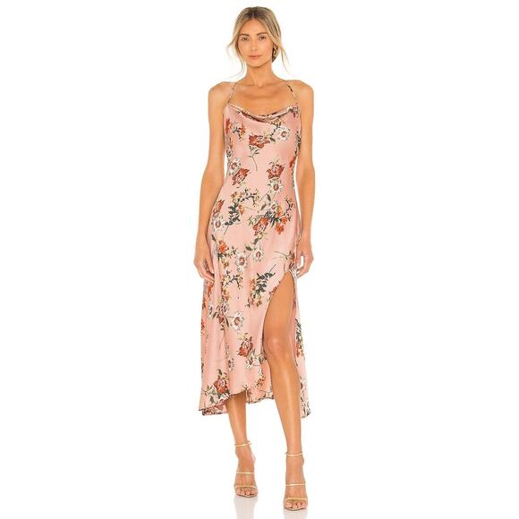 ASTR Gaia Side-Slit Midi Dress Cowl Neck Sleeveless Floral Dark Blush Size L NWT